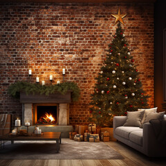 Fototapeta premium Christmas beautiful picture with a Christmas tree and gifts near a burning red brick fireplace, Christmas postcard, generative AI