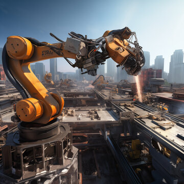 Painting style, Robotic arms and drone built a building at the construction site in the city.