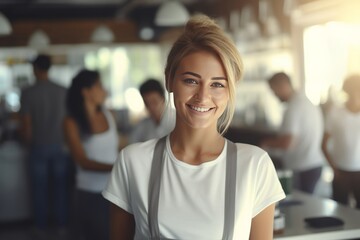 Portrait of a beautiful young woman in a cafe. Smiling businesswoman at work.