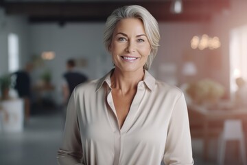 Portrait of beautiful mature businesswoman standing with arms crossed in office