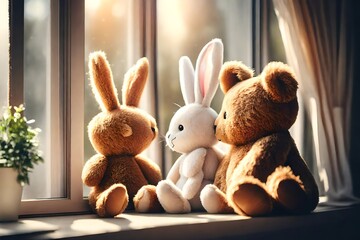 Best friends teddy bear and bunny toy sitting on window 