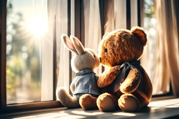 Best friends teddy bear and bunny toy sitting on window 