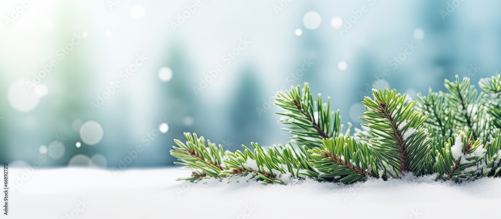 Poster Winter scene in Lithuania with snowy ground and a green coniferous branch