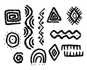 African geometric symbols set. African creation. Abstract african art style seamless pattern. Hand drawn tribal decoration set with boho doodle shapes and ethnic symbols. 