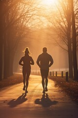 Young couple jogging in the park at sunrise. Health and fitness.