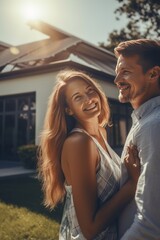 Young couple is hugging and smiling while standing near the house outdoors