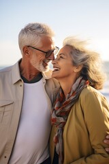 Portrait of happy senior couple embracing and looking at each other on beach