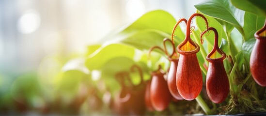 Red nepenthes in focus with blurred bokeh backdrop