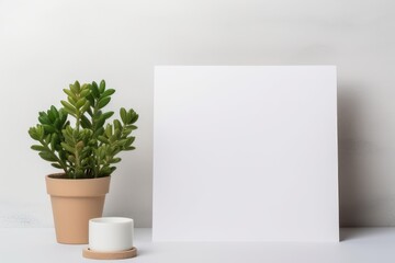 Blank paper template on table with set up potted plant and cup of drink.