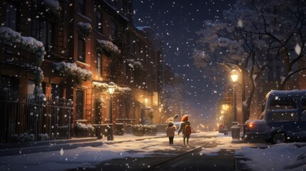 A city street at night, Boy and girl best friends are playing in the snow outdoors wearing thick jackets and beanie hats