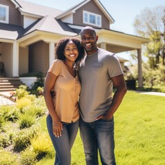 happy african american couple standing together in front of new house