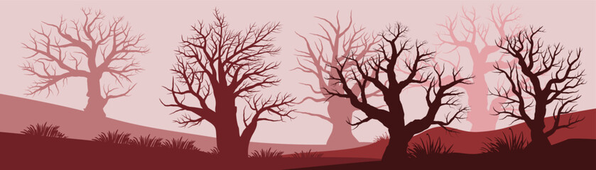 Silhouette of forest with scary dead tree on white background. Forest with dead trees vector design