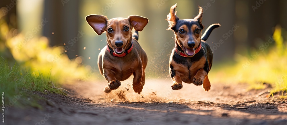 Wall mural Amusing wiener dogs frolicking outdoors