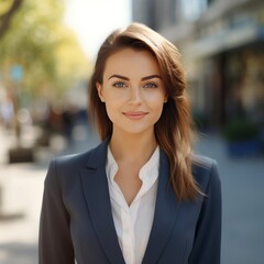 business, people and lifestyle concept - close up of smiling young businesswoman in suit outdoors