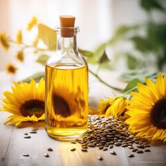 Organic sunflower oil in glass bottle with sunflower on a wooden table. Blurred background.Generative Ai - obrazy, fototapety, plakaty