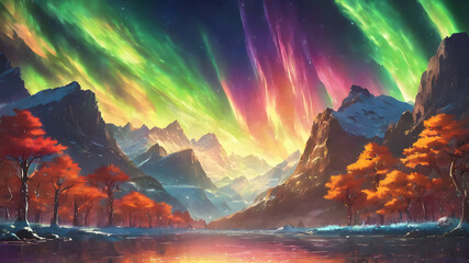 Mystical Aurora Over Mountains: A 2D Illustration of the Cosmic Beauty of the Aurora Borealis