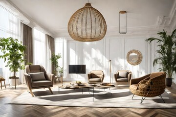 General view of luxury living room interior with armchairs, sofa and hanging basket chair - Powered by Adobe