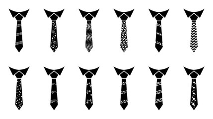 Tie icon set. necktie, attaching, suit, shirt, neck, collar, accessory, business, clothes, formal, dress, professional, icons. Black solid icon collection. Vector illustration