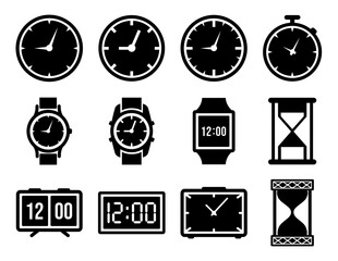 Clock icon set. watch, time, stopwatch, hourglass, hour, hours, alarm, timer, minute, second, countdown, digital, smart, icons. Black solid icon collection. Vector illustration