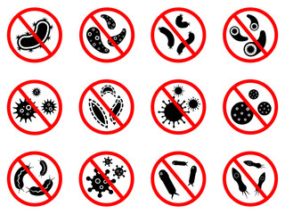 Stop Virus sign icon set. corona, infection, bacteria, no, warning, alert, danger, protection, signs, disease, germ, infectious, human, icons. Black solid icon collection. Vector illustration