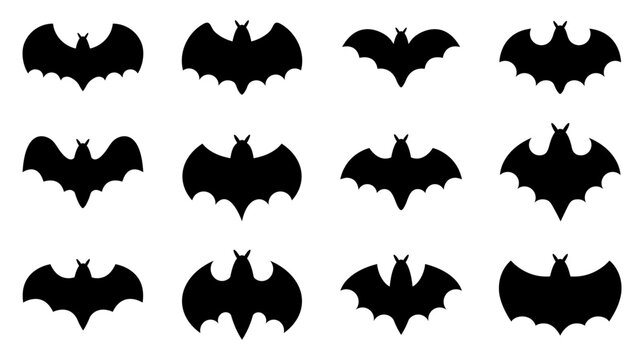 Halloween bat icon set. bats, vampire, horror, wing, night, evil, batman, flying, skittish, bird, fly, scarey, dark, animal, animals, icons. Black solid icon collection. Vector illustration