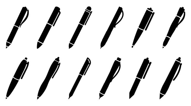 Pen icon set. write, writing, pencil, ballpoint, marker, ball pen, office, business, pens, school, stationary, ink, crayons, icons. Black solid icon collection. Vector illustration