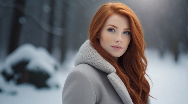 Beautiful red hair female against winter ambience background with space for text, background image, AI generated
