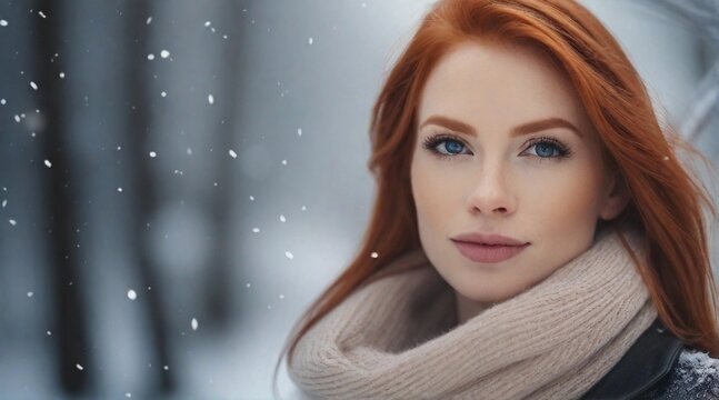 Beautiful red hair female against winter ambience background with space for text, background image, AI generated