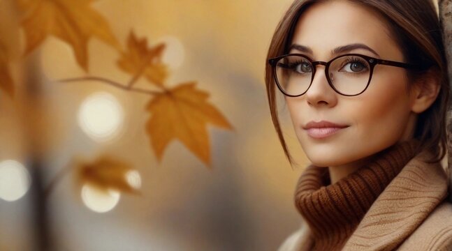 Curious brown hair woman wearing glasses against fall autumn ambience background with space for text, background image, AI generated