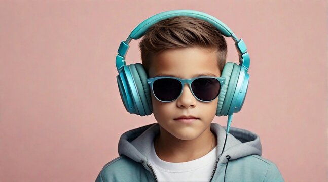 A boy wearing sunglasses and headphone against pastel background with space for text, background image, AI generated