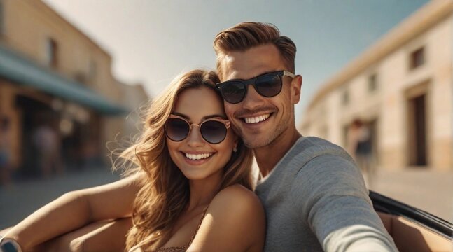 Happy couple wearing sunglasses with space for text, background image, AI generated