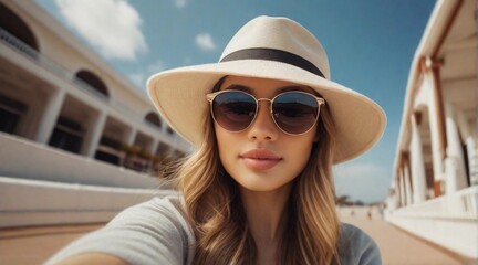 Selfie of a beautiful girl wearing hat and sunglasses with space for text, background image, AI generated