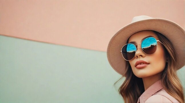 Beautiful girl wearing hat and sunglasses against pastel background with space for text, background image, AI generated