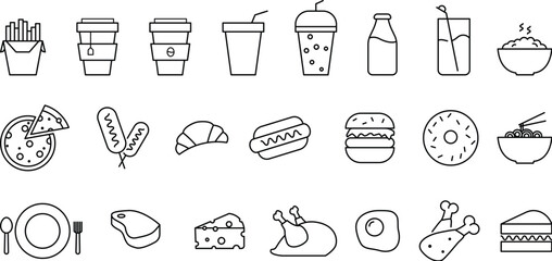 Foods and drinks minimal thin line icon set. Editable stroke. Vector illustration.