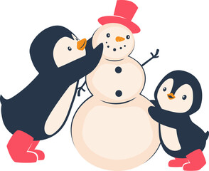 Penguin cartoon vector illustration. Snowman with hat