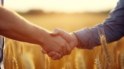 Close up of two unrecognizable men shaking hands on wheat field at sunset - obrazy, fototapety, plakaty