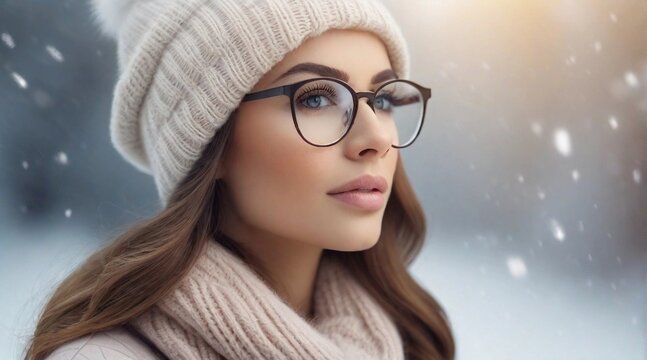Beautiful female wearing glasses against winter ambience background with space for text, background image, AI generated
