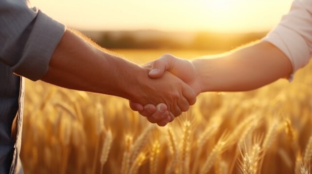 Close-up of young couple holding hands in wheat field at sunset