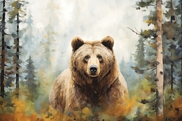 vintage-inspired wallpaper piece features a majestic bear surrounded by the beauty of a forest, painted with a harmonious palette of enchanting colors