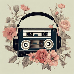 Vintage illustration of  headphones and flowers. Retro style, 80s, headset and cassette design. Boho style.