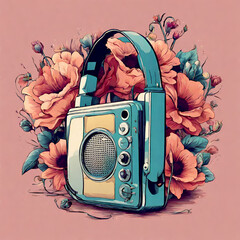 Vintage illustration of  headphones and flowers. Retro style, 80s, headset and cassette design. Boho style.