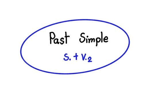 Handwritten text of words "Past Simple, S.+V.2" in oval shape. White background.  Concept, English grammar teaching. Tense and structure of language. Education. Teaching aids.