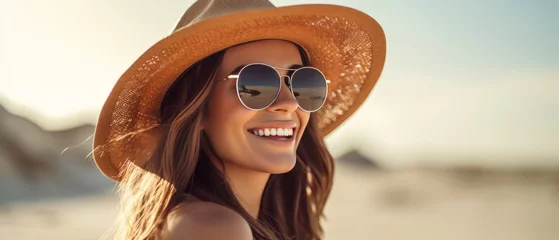  Portrait of a beautiful young woman in hat and sunglasses on the beach © GoldenART