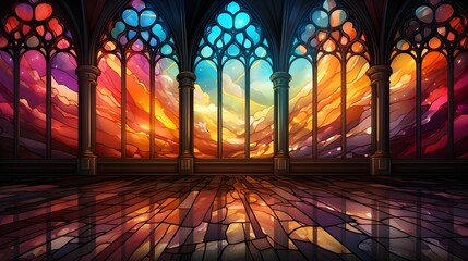 Multicolor Stained Glass Beauty and luminous sky at christian church, Generative Ai illustration