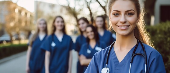 portrait of smiling nurse standing in front of group of medical students