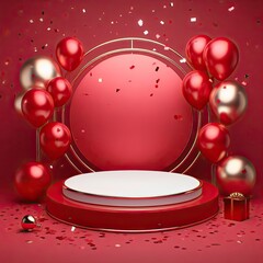 Luxury product podium mockup with red and gold balloon AI Generative