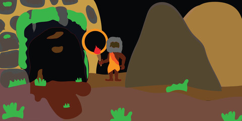 cartoon illustration of an ancient man heading into a dark cave using a torch