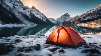 Camping tent on mountain lake in winter in the morning