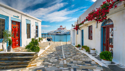 traditional paved alley in tinos town near the port - obrazy, fototapety, plakaty