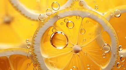 Bubbles in lemon tea, captured in mesmerizing macro photography, revealing their delicate textures and captivating play of light.